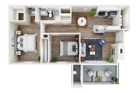 Floor plan for 2 beds, 1 bath, 837 sqft